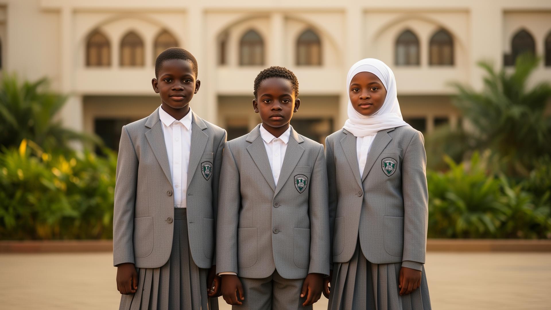 Deenfields pupils in grey blazers and white shirts in front of the academy