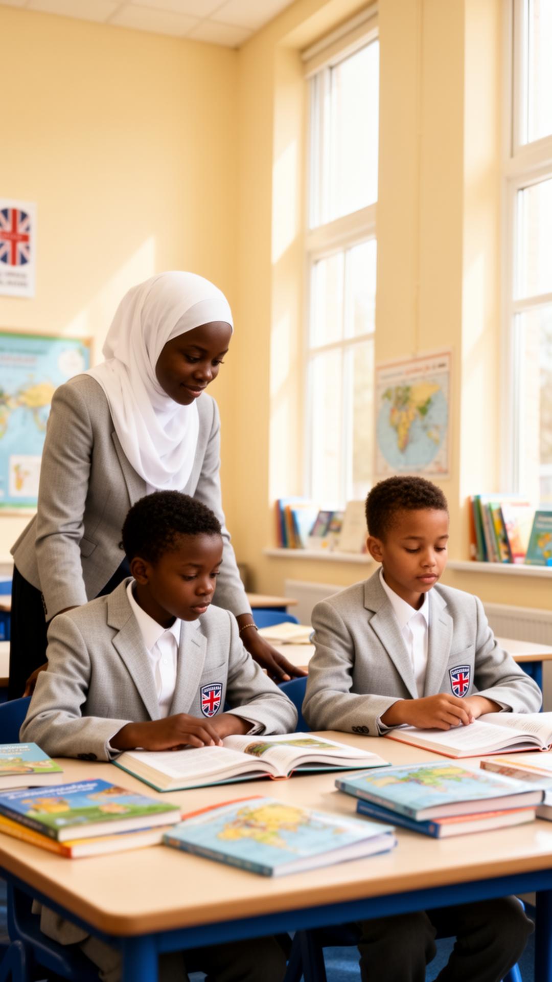 British curriculum classroom with grey-and-white uniform