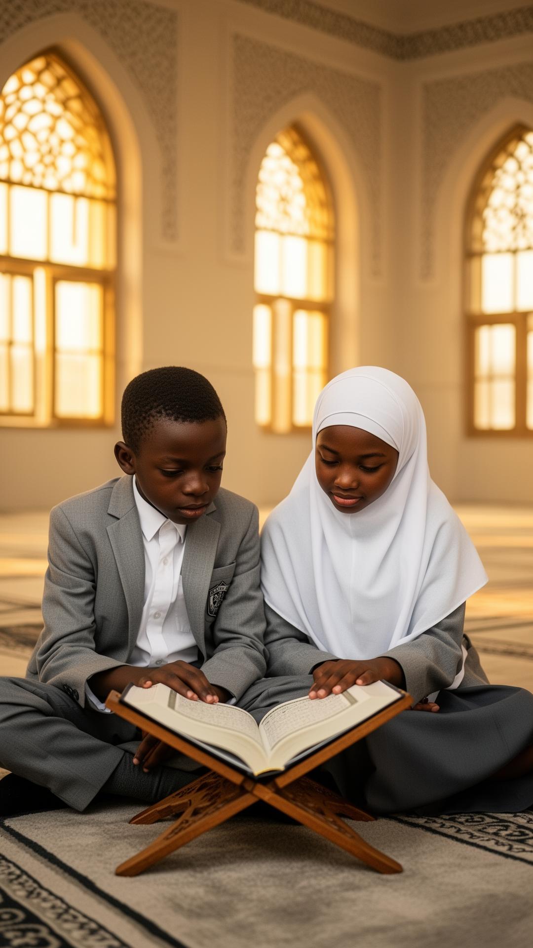 Pupils reading the Qur'an in the prayer hall